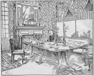Forfatteren Alexandra Dumas Jr. (1824-1895) i sit arbejdsskab. Indgravering i "La gazette du dimanche"" af 12. december 1895.
