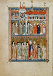 Yates Thompson 11 f.6v Messe overværet af embedsmænd med en procession nedenfor, ca. 1300 (vellum)