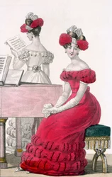 Ung kvinde i en crepe aftenkjole med en udførlig hovedbeklædning, annonce i Modes de Paris, ca. 1825
