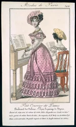 Ung kvinde i pink organdykjole med sort kant og en crepebaret med satinbånd, annonce fra Modes de Paris, ca. 1825