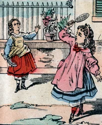 Unge piger, der spiller fjerbold, et tidligt spil lignende badminton - Épinal-billede - 19. århundrede