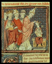 Fol. 142r: Kroningen af Ludvig 1. den Fromme (778-840), tysk-romersk kejser, ved pave Stefan 4. (pave 816-817) i Reims i 816, fra Grandes Chroniques de France, 1375-79