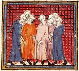 f.155r Adelsmænd, der konspirerer mod kong Ludvig den Fromme, fra Grandes Chroniques de France, 1375-79