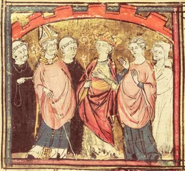f.73r Dagobert I (605-39), konge af frankerne, der modtog kongeriget Frankrig, fra Grandes Chroniques de France, 1375-79