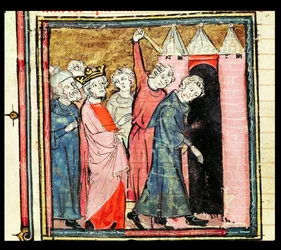 f.86v Charles Martel tager sig af straf og forvisning af to mænd, fra Grandes Chroniques de France, 1375-79