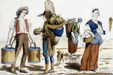Illustration af kostumer i Paris i det 18. århundrede: vandbærer, melonhandler, chiffonnier, fornøjelseshandler.
