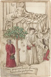 En abe i lilla med en syg mand, en god mand og en gnier [fol. 36 verso]