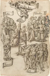 Håb, der rækker til himlen, står blandt triste og glade mænd, glæder og frygt [fol. 19 recto]