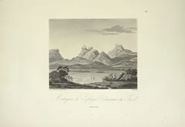 Bjerge med søjleporfyr, Jacal, tegnet af Marchais, graveret af Bouquet, illustration fra 