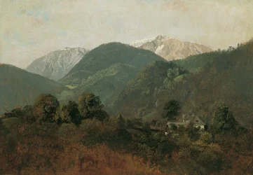 Udsigt fra Scheuchenstein til Gauermannhof med Schneeberg i baggrunden