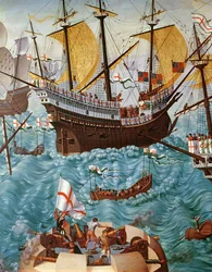 Indskibning af Henry VIII 1491-1547 om bord på Henry Grace a Dieu i 1520, kopieret fra et maleri af Vincent Volpi olie på lærredsdetaljer fra 148771