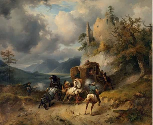 Røveriet af Gauermann, Friedrich August Matthias (1807-1862). Olie på lærred, størrelse: 60,5x74