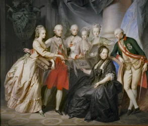 Kejserinde Maria Theresia omgivet af sine børn i enkesæde efter sin mands, kejser Franz Stephans, død ... (maleri på lærred)