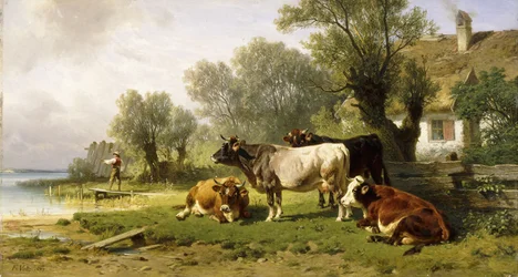 Kvæg i en bondegård langs en flod med en fisker hinsides, 1881