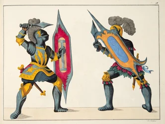 To riddere i kamp, plade fra "A History of the Development and Customs of Chivalry", af Dr. Franz Kottenkamp, udgivet af Carl Hoffmann, 1842