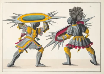 To riddere i kamp, plade fra "A History of the Development and Customs of Chivalry", af Dr. Franz Kottenkamp, udgivet af Carl Hoffmann, 1842