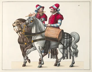 To musikere ved en turnering, tavle fra A History of the Development and Customs of Chivalry, af Dr. Franz Kottenkamp, udgivet af Carl Hoffmann, 1842