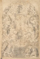 Madonna og barn med engle, der bærer symboler på lidelseshistorien