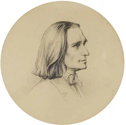 Portræt af komponisten Franz Liszt (Portræt af komponisten Franz Liszt (1811-1886)) tegning af Friedrich Preller den Ældre (1804-1878) Diam 14,5 cm Privat samling