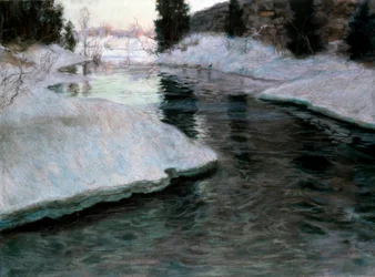 Isens optøning: Lysaker-floden. Maleri af Fritz Thaulow (1847-1906). Pastel på lærred. Privat samling.