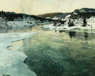 Vinter på Mesna-floden nær Lillehammer, ca. 1905-06