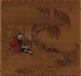 Have, interiør og siddende pige, Edo-perioden, 1615-1868.