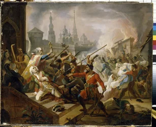 Russiske bondekrig 1773-1775 (Jackson af Yaik-kosakkerne): Slaget ved Kazan i juli 1774, scene for oprøret af Emelian Ivanovitch Pougatchev (Iemelian eller Emilien Pougatchov) (1742-1775). (Pugachevs Slaget ved Kazan i juli 1774.