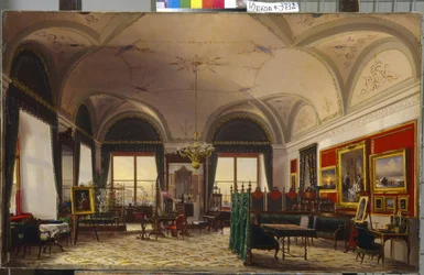 Storhertuginde Olga Nikolaevnas kontor (1822-1895) i Vinterpaladset i Sankt Petersborg. (Undersøgelsen af ​​storhertuginde Olga Nikolaevna af Rusland i vinterpaladset). Maleri af Fjodor Osipovich Yushkov (1819-1876), olie på lærred