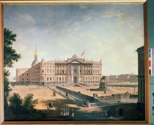 Udsigt over Michael Palace og tilslutningspladsen i St. Petersborg. Maleri af Fjodor Yakovlevich Alexeev (1753-1824). Olie på lærred