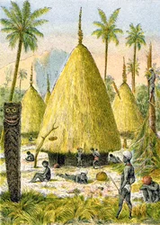 Canaque-kylä Uudessa-Kaledoniassa, n. 1900-1910 (kuva)