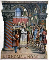 Karl den Store og skolen, ca. 1900 (illustration)