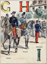 Bogstaver G H I: General, Hussard og Instruktør. Indgravering i "Alphabet militaire", Grand-Bebe-serien. Gravering. Pont-a-Mousson billeddannelse. Louis Vagne, Trykker-Forlag, ca. 1900. Illustrationer af G. Dascher. 20 sider. Mål: 31,5 x 24,5 cm