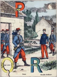 Bogstaverne P Q og R: Post, Qui vive! og Officersrunden. Indgravering i "Alphabet militaire", Grand-Bebe-serien. Gravering. Pont-a-Mousson billeddannelse. Louis Vagne, Trykker-Forlag, ca. 1900. Illustrationer af G. Dascher. 20 sider. Mål: 31,5x24,5cm