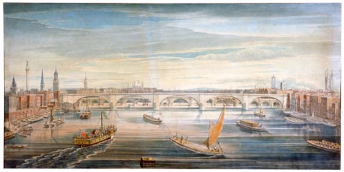 Udsigt over den nye London Bridge fra vest med både og pramme på Themsen, 1831.