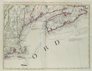 Acadia, provinserne Sagadahoc og Maine, New Hampshire, Rhode Island og en del af Massachusetts og Connecticut, gravering af G. Zuliani hentet fra Tome I af "Newest Atlas" udgivet i Venedig i 1778 af Antonio Zatta, Privat Samling