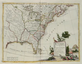 Canada, de engelske kolonier med Louisiana og Florida, gravering af G. Zuliani hentet fra Tome I of the Newest Atlas udgivet i Venedig i 1778 af Antonio Zatta, Private Collection