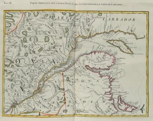 Den østlige del af Canada, det nordlige Nova Scotia og en del af Labrador, gravering af G. Zuliani hentet fra Tome I af "Newest Atlas" udgivet i Venedig i 1778 af Antonio Zatta, Privat Samling