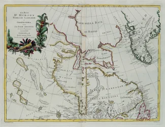 Hudson Bay, Land of Labrador og Grønland med de tilstødende øer, gravering af G. Zuliani taget fra Tome I af "Newest Atlas" udgivet i Venedig i 1778 af Antonio Zatta, Privat Samling