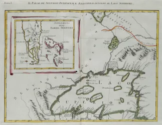 Ottawa- og Kilistine-indianernes land omkring Lake Superior og et supplement fra det østlige Florida, gravering af G. Zuliani hentet fra Tome I af "Newest Atlas" udgivet i Venedig i 1778 af Antonio Zatta, Private Collection