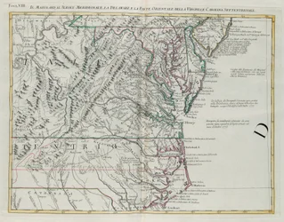 Maryland, det sydlige New Jersey, Delaware og den østlige del af Virginia og North Carolina, gravering af G. Zuliani taget fra Tome I af "Newest Atlas" udgivet i Venedig i 1778 af Antonio Zatta, Privat Samling