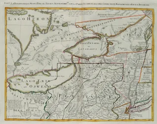 Pennsylvania, New York, det sydlige New Jersey, med den vestlige del af Connecticut, Massachusetts Bay og Land of the Iroquois, gravering af G. Zuliani taget fra Tome I af "Newest Atlas" udgivet i Venedig i 1778 af Antonio Zatta, Privat Samling