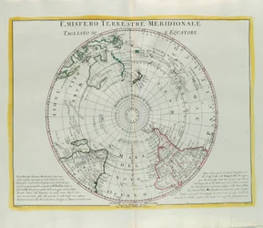 Jordens sydlige halvkugle skåret ved ækvator, gravering af G. Zuliani taget fra Tome I af det nyeste atlas udgivet i Venedig i 1779 af Antonio Zatta