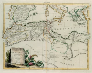Barbarykysten eller kongerigerne Marokko, Fez, Algeriet, Tunesien og Tripoli med omgivende lande, indgravering af G. Zuliani hentet fra Tome IV af "Newest Atlas" udgivet i Venedig i 1784 af Antonio Zatta, Privat Samling