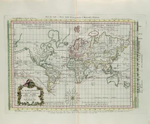Verdenskort og en generel beskrivelse af kloden, reduceret til et billede, gravering af G. Zuliani taget fra Tome I af "Newest Atlas" udgivet i Venedig i 1774 af Antonio Zatta