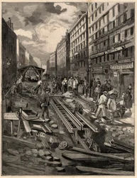 Belleville kabelbanen, anlagde banen, rue de Belleville i 1894. Stik efter M.G. de Burgrraffs tegning. I "The Illustrous World" fra 1894.