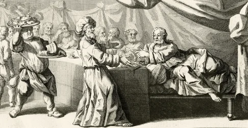 Jesus inviterede til middag med farisæeren, illustration fra Sankt Lukasevangeliet, kapitel 11:37, 1728