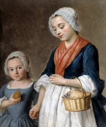 Lille pige kører i klassen En mor holder sin lille datters smag i en kurv. Detalje af et maleri af Gabriel Gresly (1712-1756)