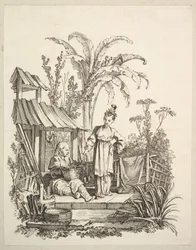 En siddende kinesisk mand og en kvinde, der bærer en fisk, ca. 1742.