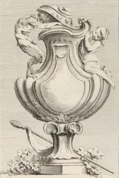 Design til en vase med en faun og en nymfe, fra Livre de Vases Book of Vases, plade 1..., 1742-50.