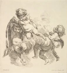 Tre børn blandt skyer, der bærer et draperi, 1738-45.